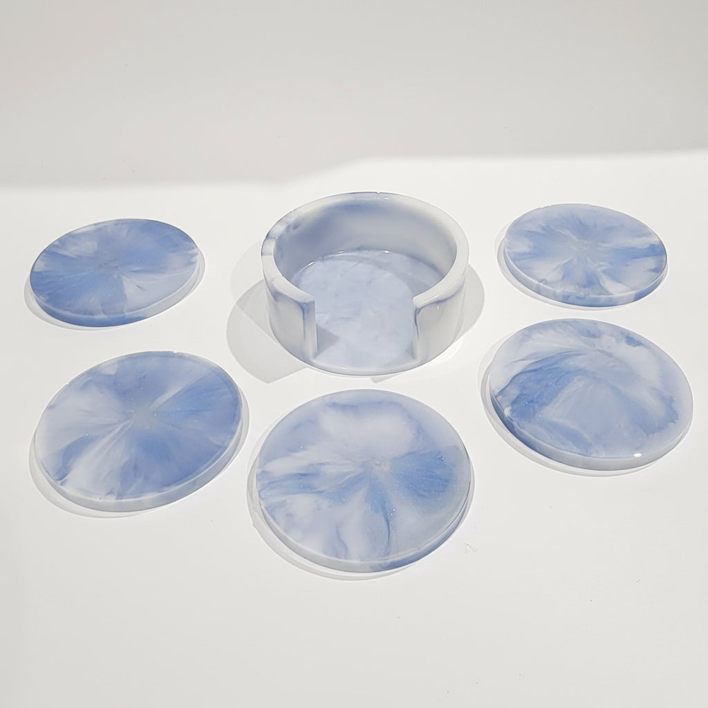 White and Blue Resin Coaster Set with Holder