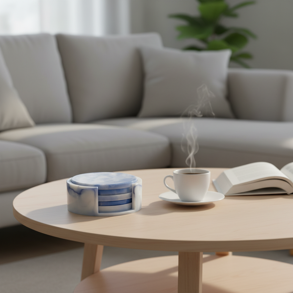 White and Blue Coaster Set w/Holder