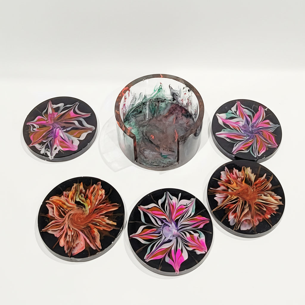 Black w/Blooms set of 5 Coasters w/Holder