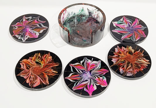 Black w/Blooms set of 5 Coasters w/Holder