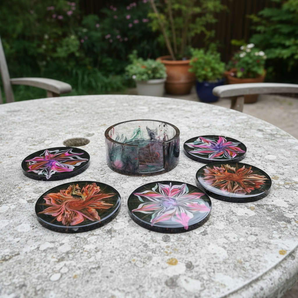 Black w/Blooms set of 5 Coasters w/Holder