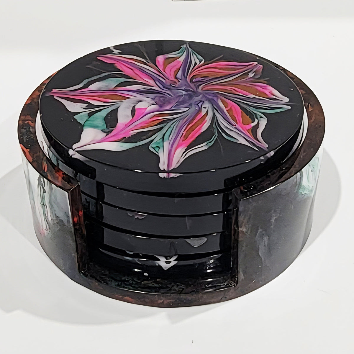 Black w/Blooms set of 5 Coasters w/Holder