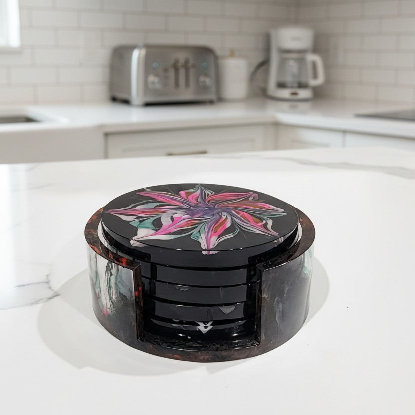 Black w/Blooms set of 5 Coasters w/Holder