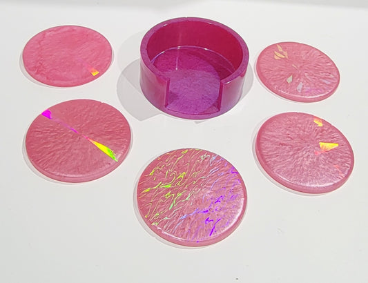 Holographic Pink Coaster set w/Holder