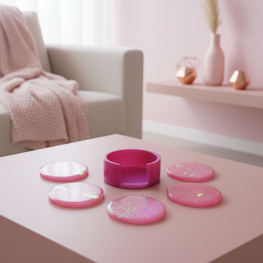 Holographic Pink Coaster set w/Holder