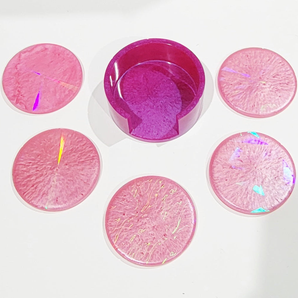 Holographic Pink Coaster set w/Holder