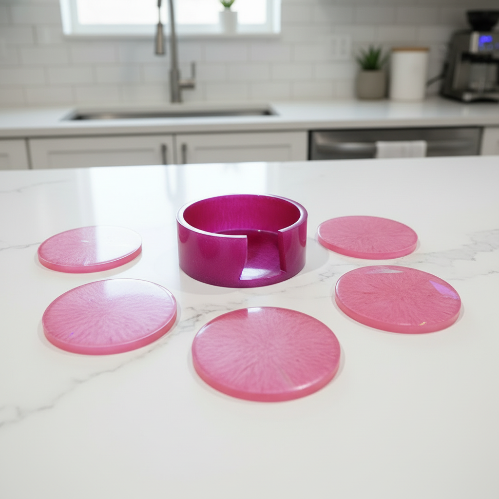 Holographic Pink Coaster set w/Holder