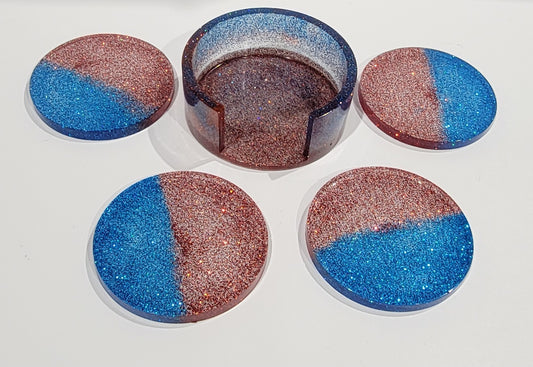 Red and Blue Coaster Set w/Holder