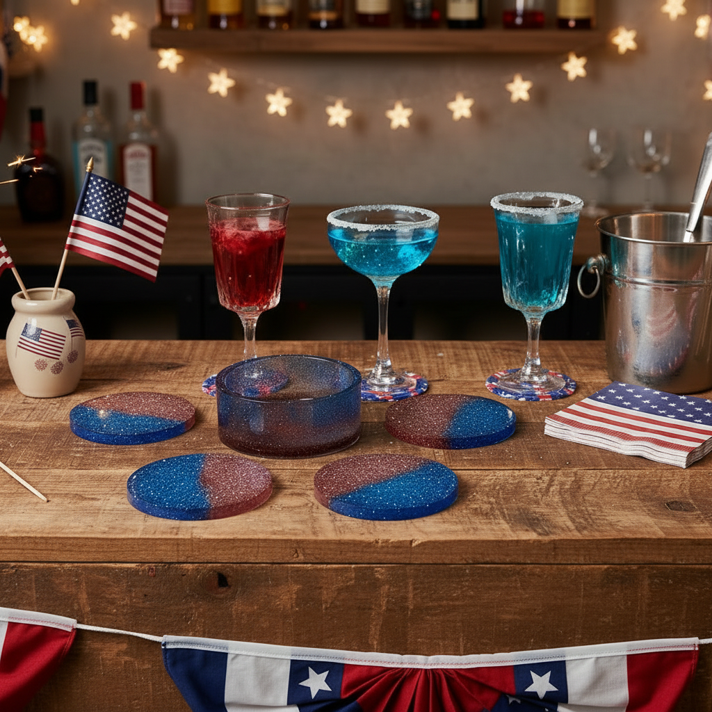Red and Blue Coaster Set w/Holder