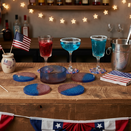 Red and Blue Coaster Set w/Holder