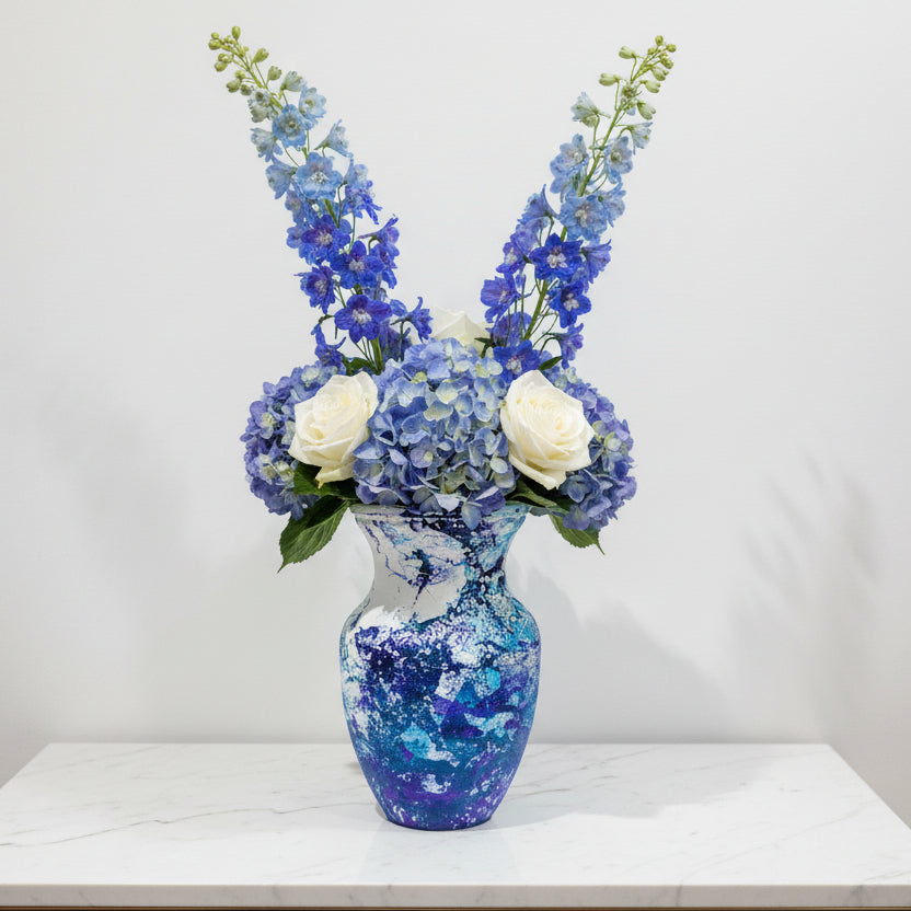 Large Blue & Purple Painted Glass Urn Vase