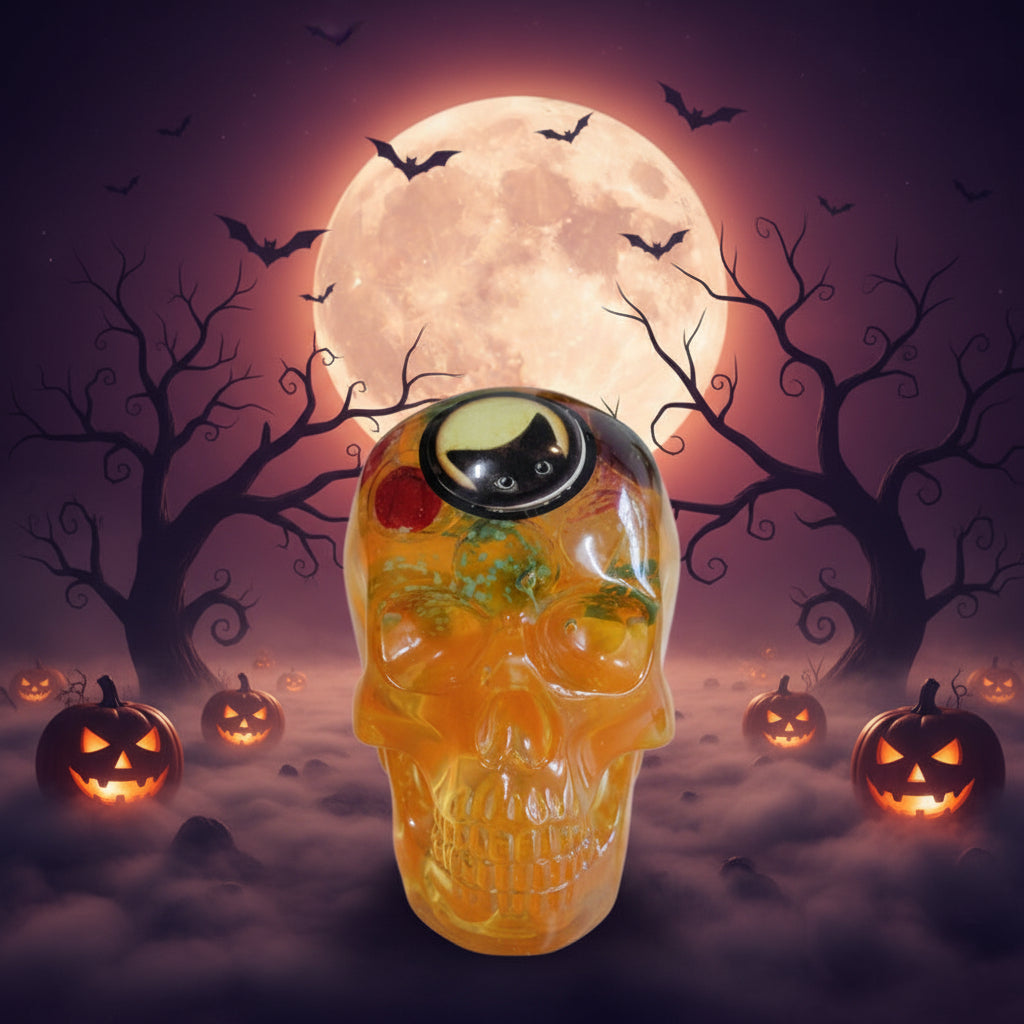 Resin Skull with Glow Marbles & Cat Charm – Halloween Décor