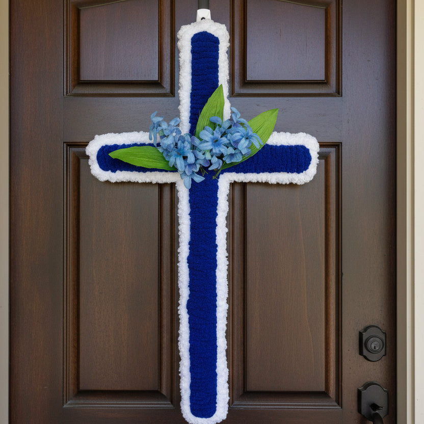 Handcrafted Blue and White Easter Cross – Spring Holiday Home Accent