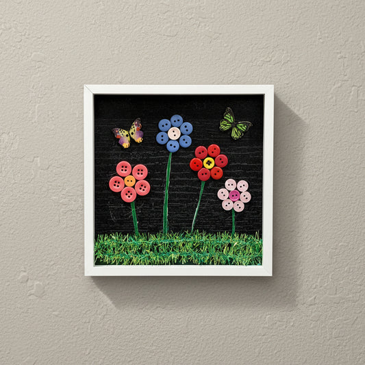 Floral Button Art with Butterfly – Framed Handmade Wall Decor