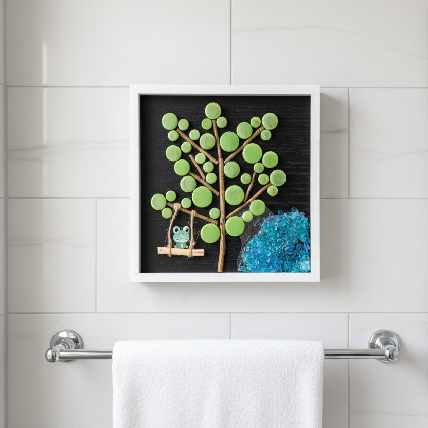 Happy Frog Button Artwork – Vibrant, Fun Framed Decor