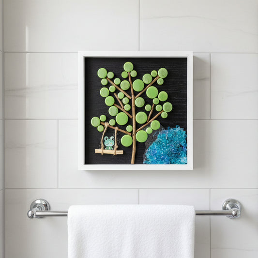 Happy Frog Button Artwork – Vibrant, Fun Framed Decor