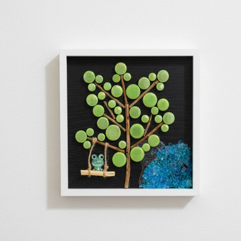 Happy Frog Button Artwork – Vibrant, Fun Framed Decor