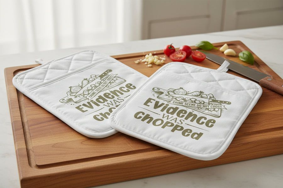 Crime Scene Pot Holders – Funny Dark Humor Kitchen Set (2‑Pack)