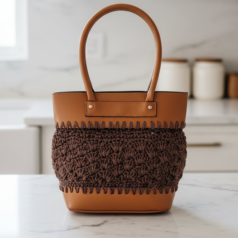 Brown Leather Crochet Handbag