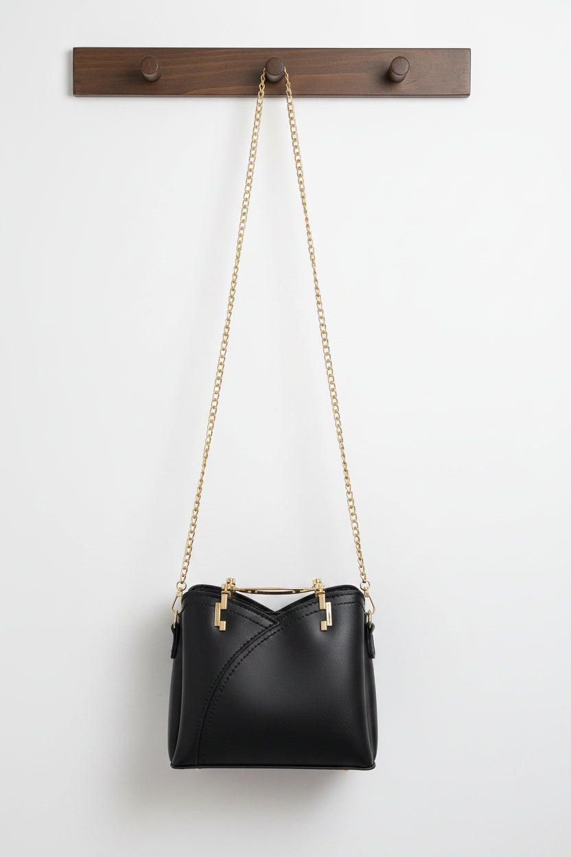 Black Leather Bag w/ Gold Hand and Chain