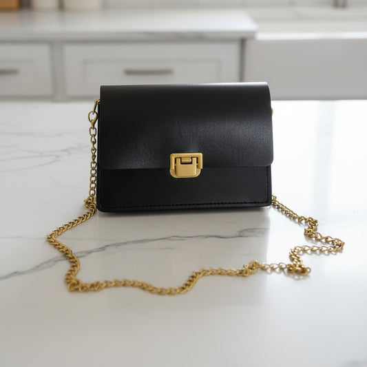 Black Leather Purse with Gold Chain