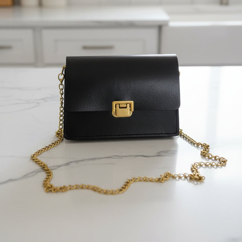 Black Leather Purse with Gold Chain