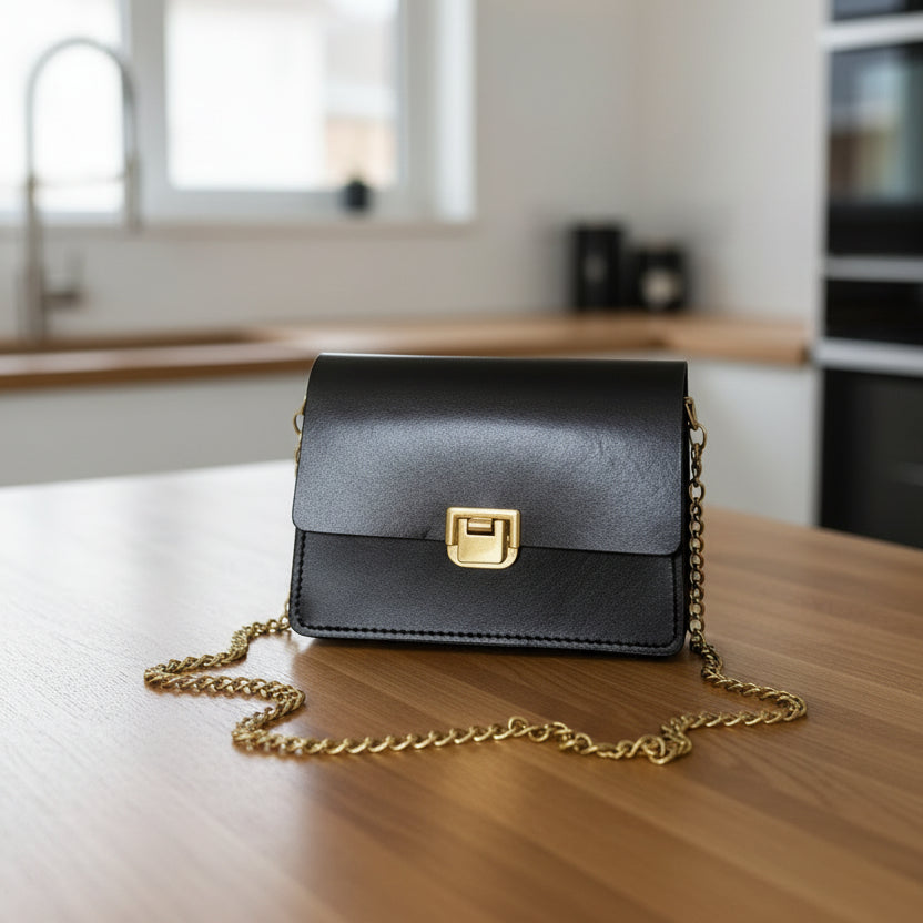 Black Leather Purse with Gold Chain