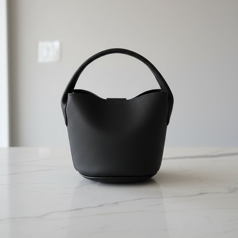 Black Bucket  Leather Handbag w/ Gold Chain Strap