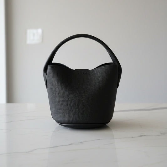 Black Bucket  Leather Handbag w/ Gold Chain Strap