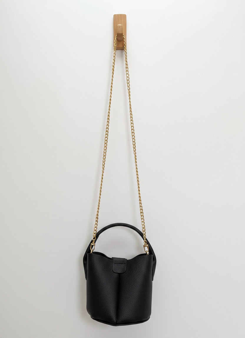 Black Bucket  Leather Handbag w/ Gold Chain Strap