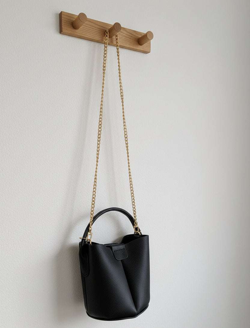 Black Bucket  Leather Handbag w/ Gold Chain Strap