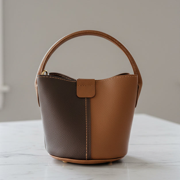 Two Toned Brown Leather Bucket Handbag