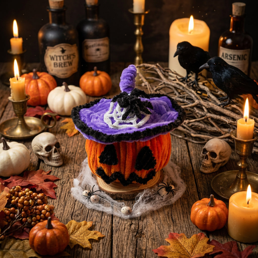 Light up Pipe Cleaner Pumpkin w/ Purple Hat