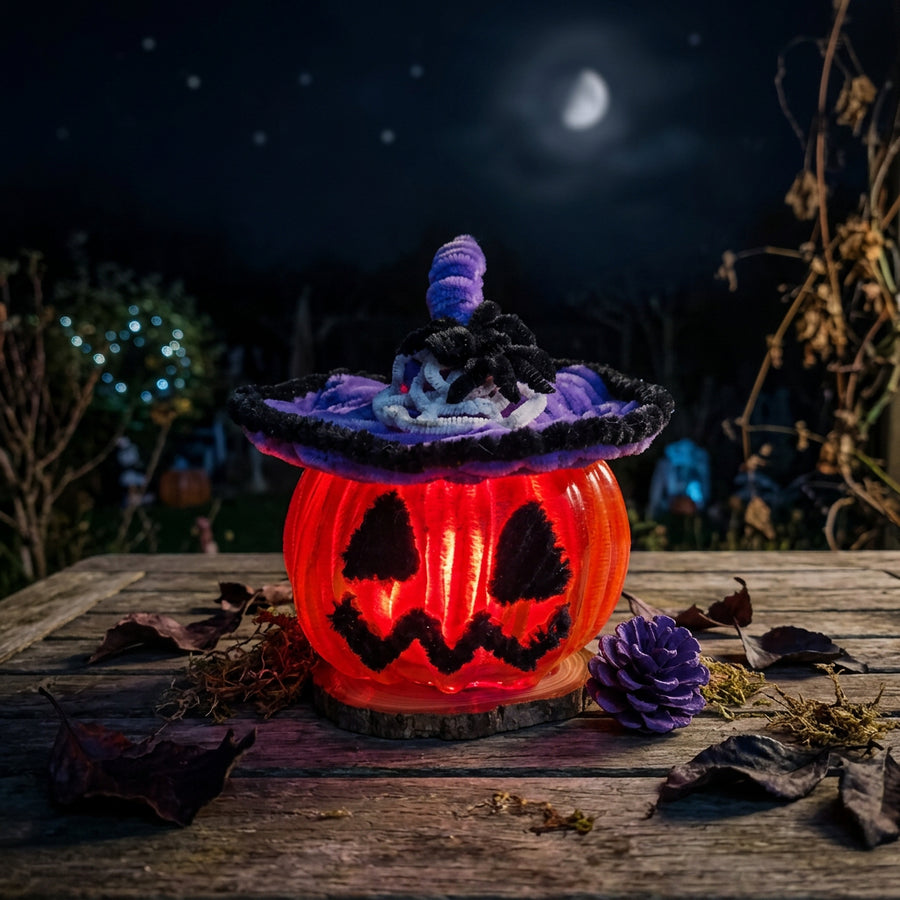 Light up Pipe Cleaner Pumpkin w/ Purple Hat