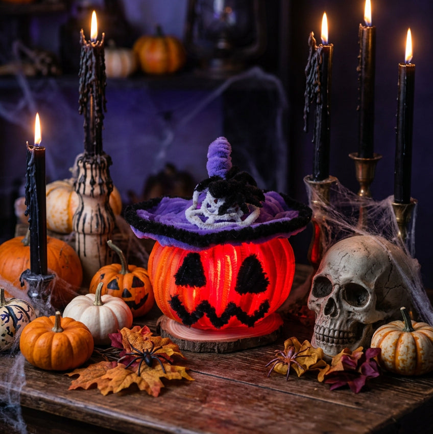 Light up Pipe Cleaner Pumpkin w/ Purple Hat